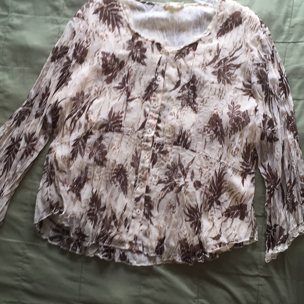 XL brown, cream and copper print sheer blouse